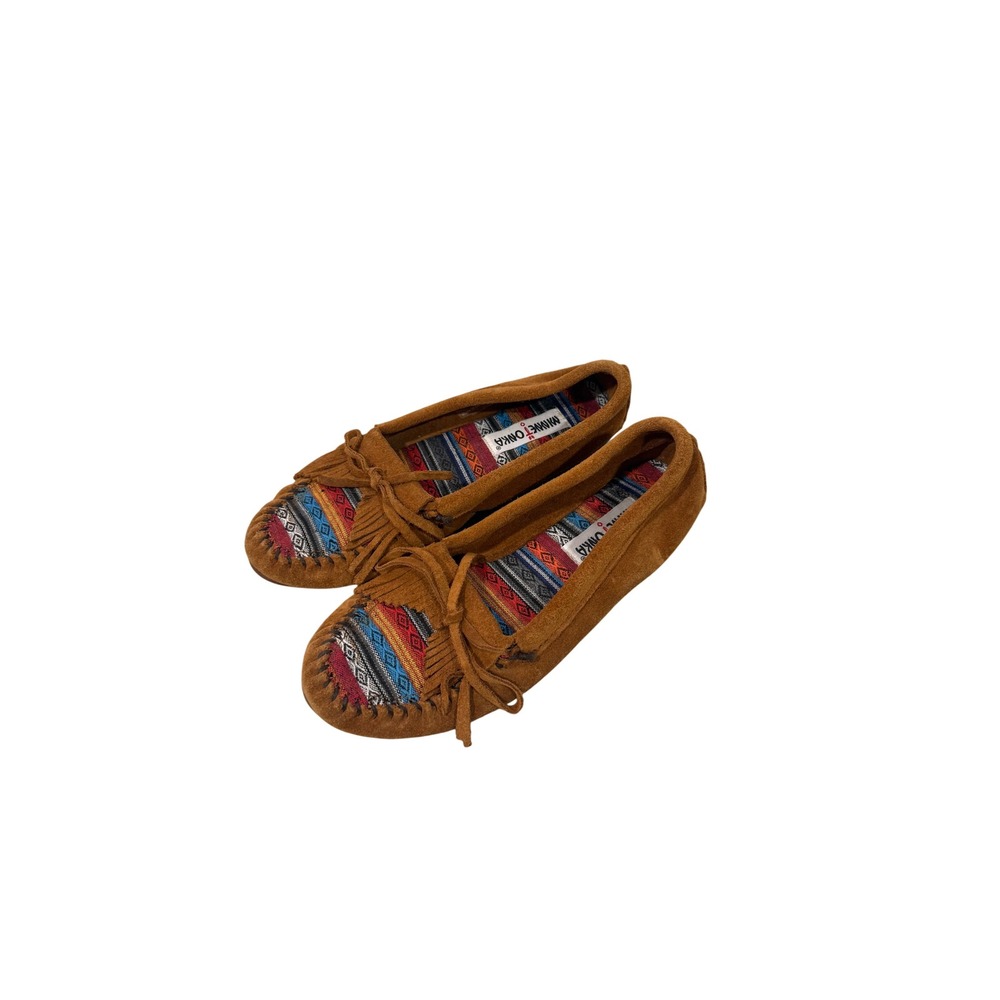 Minnetonka Womens Kilty Suede Moccasins Brown Southwest Pattern Size 9.5